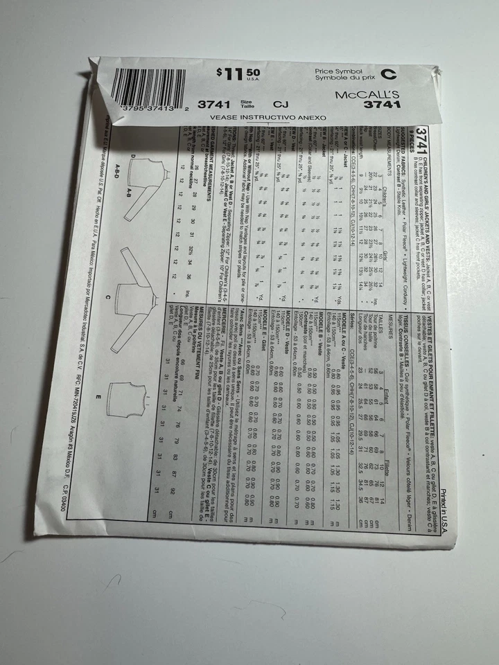 McCall’s Sewing Pattern 3741 Children And Girls Jackets And Vests Uncut SZ 10-14 - Image 3 of 4