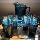Vtg Indiana Carnival Glass Iridescent Blue Harvest Grape Pitcher and 8 Tumblers