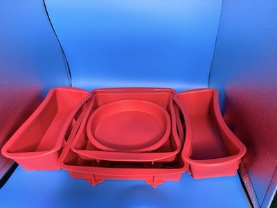 Tupperware lot of Red Silicone Baking Molds   Loaf, Square & Round Cake Pans
