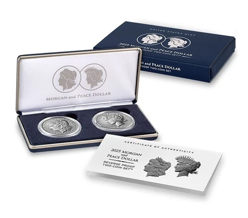 2025-S Morgan & Peace Silver Dollar 2-pc Reverse Proof Set with Boxes and COA