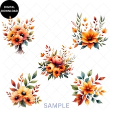 5 Watercolor Flowers PNG Clip Art Print Sublimation Design Digital Download
