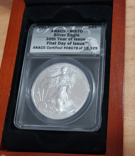2015 American Eagle Silver Dollar Coin w/ Box - ANACS MS70 First Day Of Issue