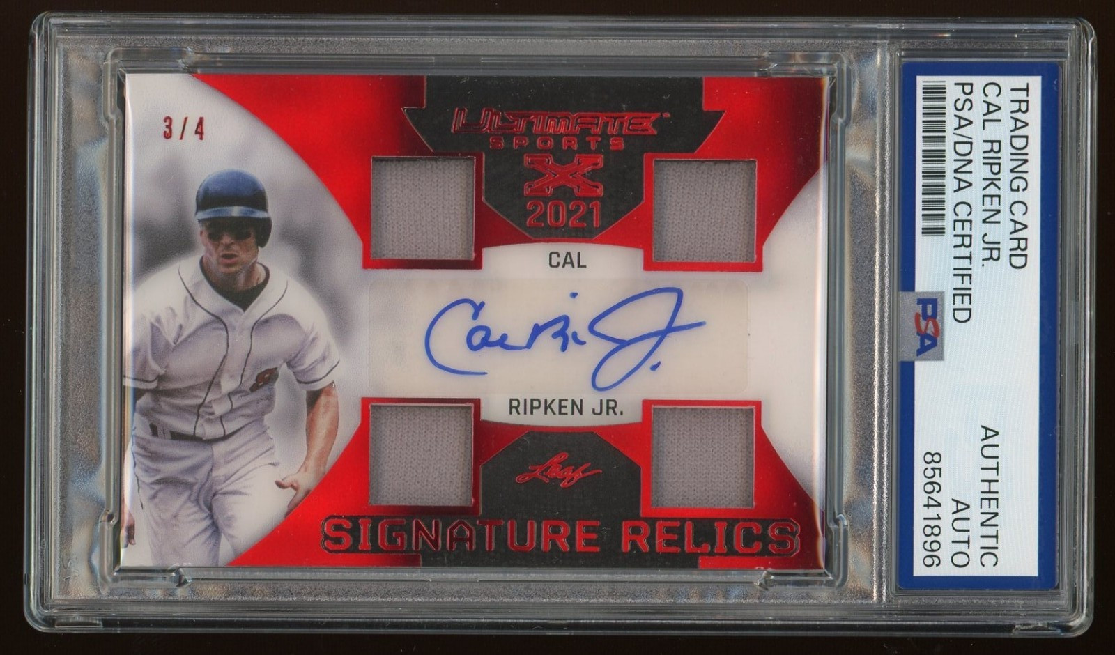 Cal Ripken Jr PSA/DNA (#3/4) 2021 Leaf Ultimate Sports Auto Quad Patch HOF