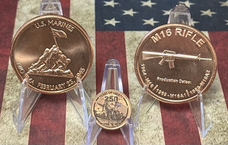 LOT of 3-“US MARINES,M 16 RIFLE"-1 oz Copper .999 Fine-250th Laser Penny BONUS!