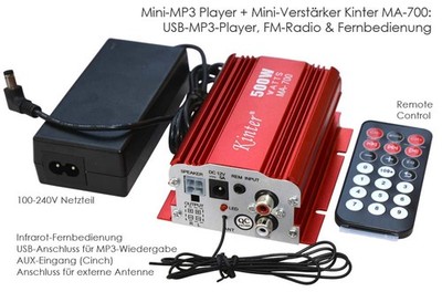 MP3 PLAYER KINTER MA-700 USB FM-RADIO REMOTE CONTROL MINI-VERSTÄRKER + 12VOLT NT