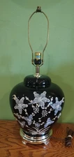 Vintage Hand-Painted Black Floral Table Lamp – Raised Relief Ceramic