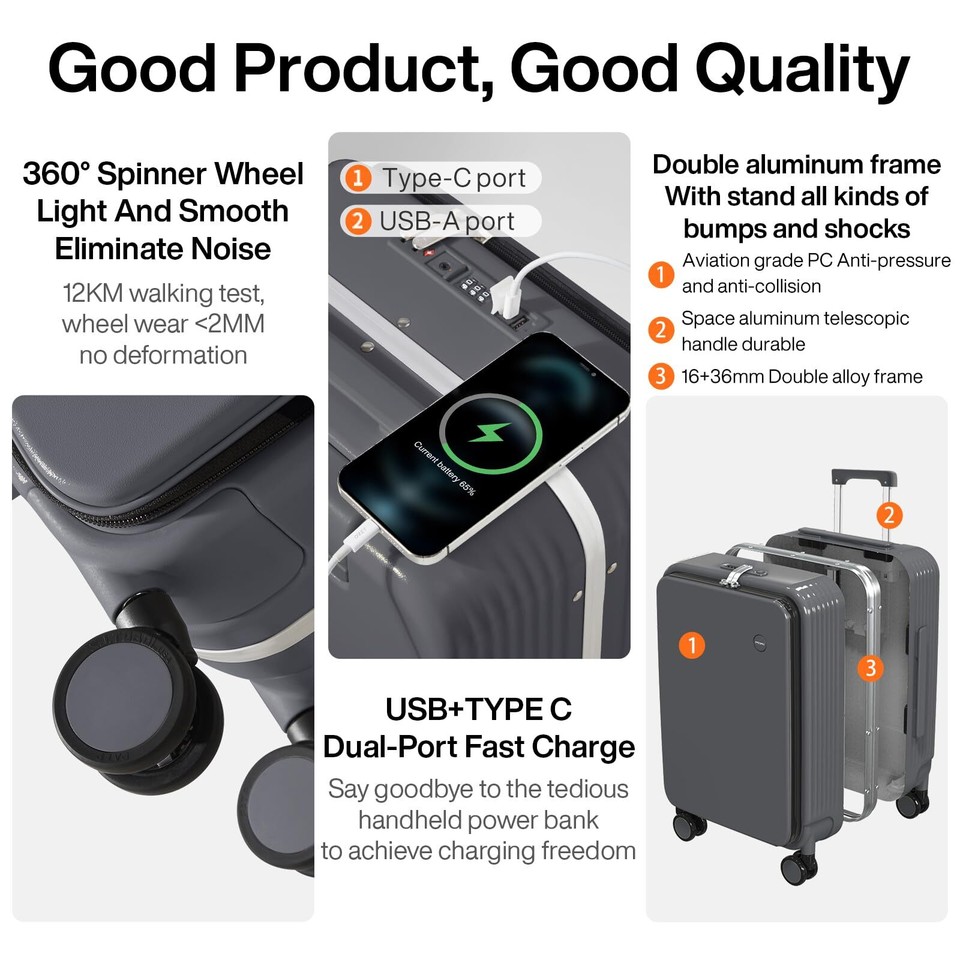 Carry On Luggage with Cup Phone Holder and Charger Hard Shell Suitcases