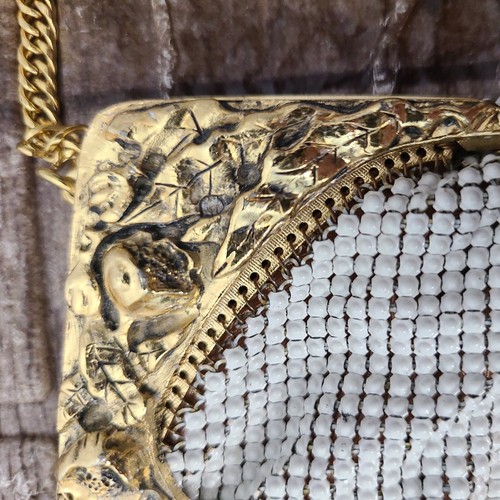 SELTENE Vintage WHITING und DAVIS Emaille weißes Netz Tasche Geldbörse mit Engel und Rosen - Bild 8 von 12