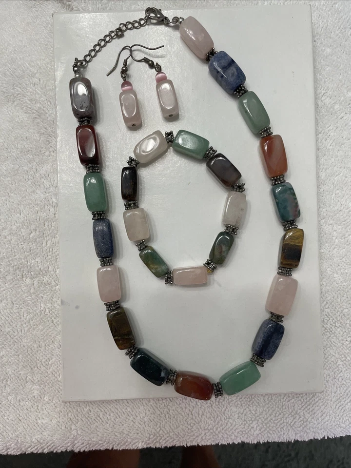 Juego de pendientes pulsera collar piedra pulida tallada a mano ágata jade jaspe cuarzo Foto 2 de 4