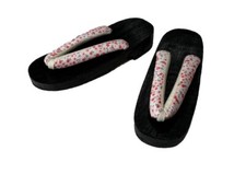 Japanese Traditional Geta Kimono White Flower Black Wooden Sandals Women 7/8