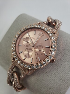 MICHAEL KORS 時計 NEW Michael Kors Layton Extreme Glitz Rose Gold Crystal Chain