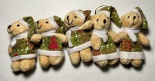 5pc 3in Small Plush Bear Christmas Tree Ornaments Decorated Hat Scarf Hanging