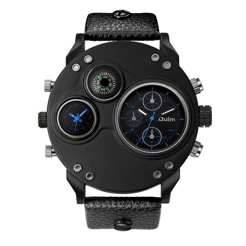 Herren Sport Zwei Zeitzonen Uhr Rund Großes Zifferblatt Lederband Quarz Armbanduhr - Bild 8 von 20