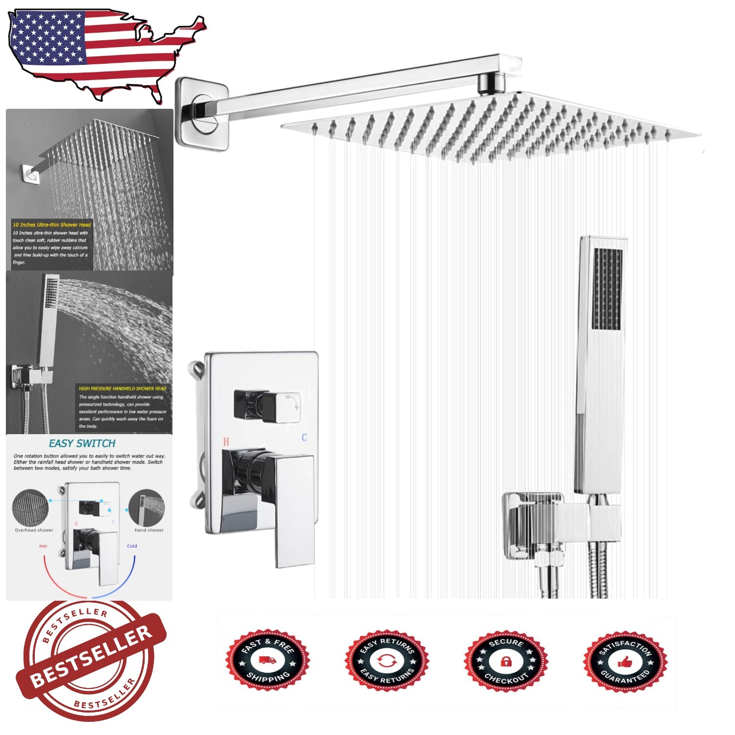 High Pressure 10-Inch Rain Shower Head with Handheld Set for Elegant Bathrooms