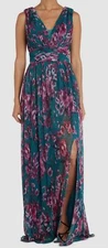 NW Nightway Women's Blue Nightway Floral-Print Pleated Gown Dress Size 6