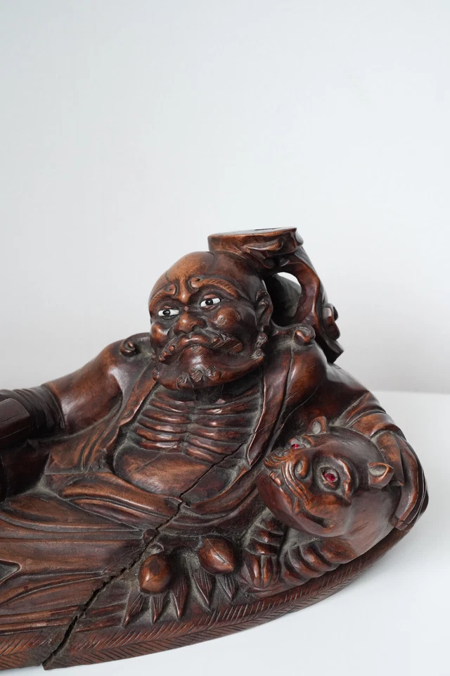 Bodhidharma de madera antigua + Foo Dog - Dinastía Qing - Raro - 42 cm/16,5 pulgadas Foto 3 de 4