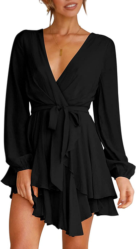 Women'S Dress Deep V-Neck Long Sleeve Waist Tie Ruffle Mini Swing Skater Dresses - 第 1/6 張圖片
