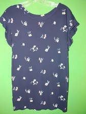 6652 ANN TAYLOR LOFT x-small navy blue floral pullover thin rayon knit top