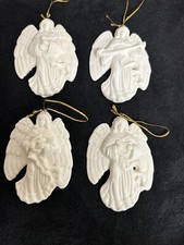 White Bisque Porcelain Angel Ornaments SET OF 4 Trumpet Scroll Dove Flat Backed
