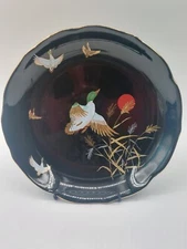Vtg Flying Duck Design Black Fine China Gold Trim Serving Bowl Plate Japan  MINT