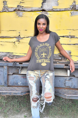 Y2K Saint's Team Baggy T-shirt top Nola Print stretchy Fleur De Les top  NWTS V2K