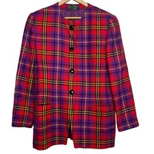Vtg Harve Benard Plaid Jacket Womens Red Purple 4 Button Mid Length Size M