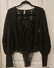 Free People Black Lace Long Sleeve Bodysuit Teddy, Women  s Size M Regular