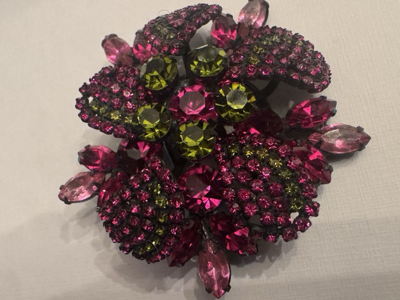 Vintage  Vendome With Pink Magenta Green Rhinestone Brooch& Earrings Set