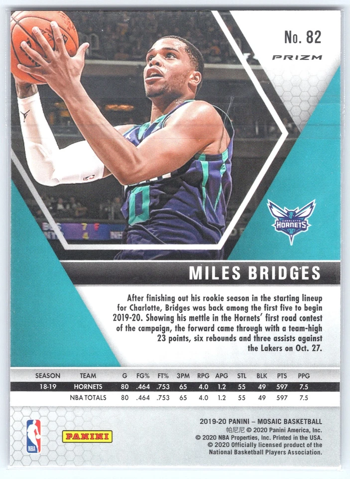 2019-20 Panini Mosaic Pink Camo Miles Bridges Charlotte Hornets #82 - Image 2 of 2