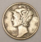 1943 Mercury Winged Head Dime 10 Cents Silver Coin VF+