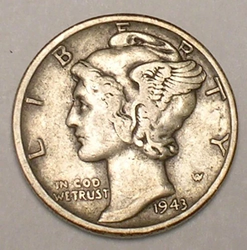1943 Mercury Winged Head Dime 10 Cents Silver Coin VF+