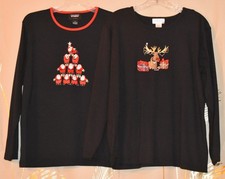 2 WOMEN'S CHRISTMAS XL PULLOVER SHIRTS-BLACK, LONG SLEEVED, RUDOLPH  SANTA TREE