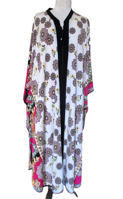 Diamond Tea Zip Up Caftan Robe Batwing Style L Women White Black Multicolor
