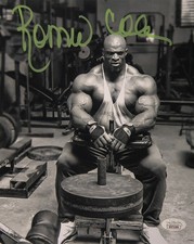 Ronnie Coleman Signed 8x10 Mr Olympia Calf Raises green JSA