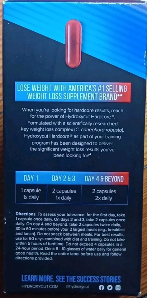 2 HYDROXYCUT HARDCORE    EXTREME WEIGHT LOSS SUPPLEMENT 60 X2 120 RAPID CAPSULES - Image 3 of 4