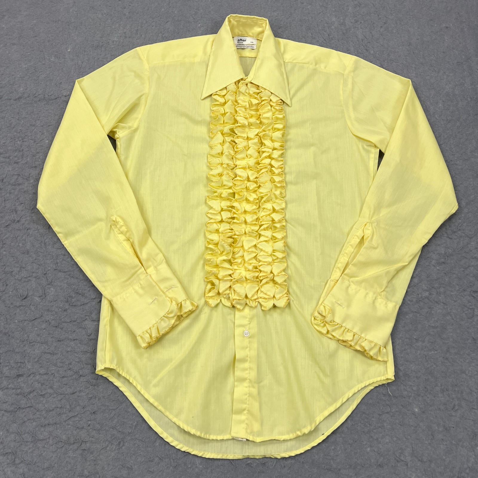 VTG After Six Tuxedo Dress Shirt S4 Butter Yellow Pastel Ruffled 70's HOCO Prom