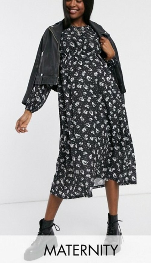 TOPSHOP Maternity Floral Smock Dot Midi Dress Sz UK Black White Ecru BNWT