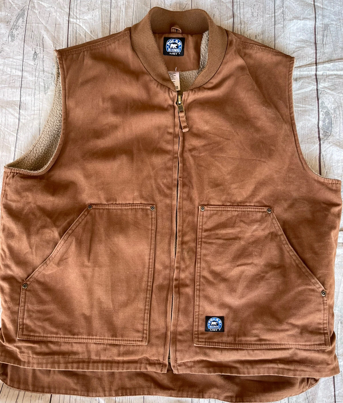 Polar King By Key Mens Brown Canvas Vest Fleece Lined Full Zip Extra Large Reg