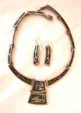 Vtg Artisan Inlaid Malachite Aztec Necklace Earring Set 925 Sterling Silver 87gr