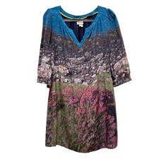 Anthropologie Meadow Rue 100% Silk Photo Landscape Floral Shift Dress Size 6