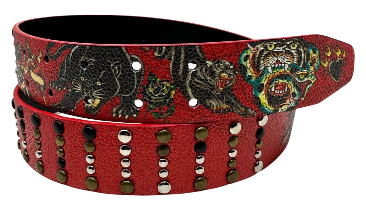 Ed Hardy Men's Panther Print Red Belt With Rivet Studs | eBay Ed Hardy Men's Panther Print Red Belt With Rivet Studs | eBay
