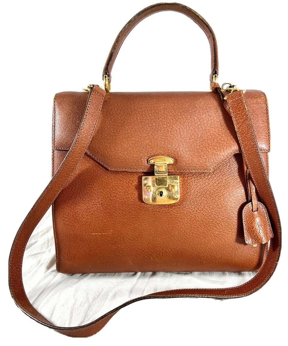 Distressed GUCCI Authentic Tan Leather Satchel Shoulder Bag 