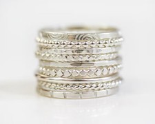 Set of 9 Silver Stacking Rings, Smooth Twisted Hammered Bands, Women Jewelry