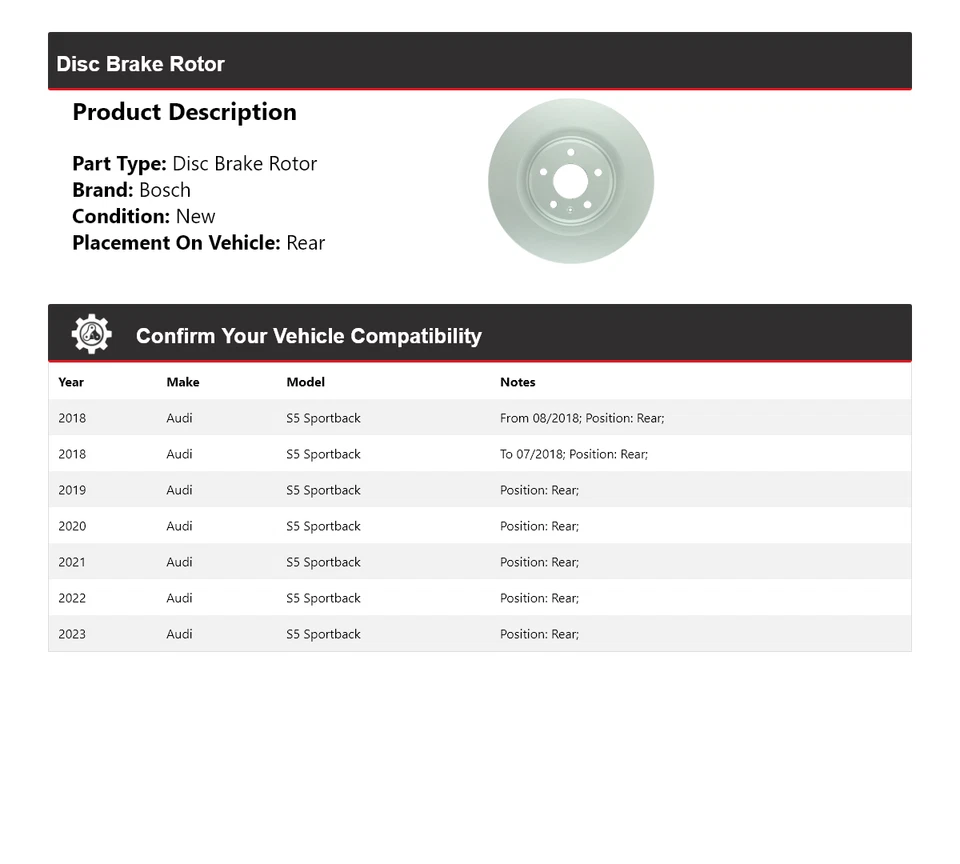 Para 2018-2023 Audi S5 Sportback Bosch QuietCast rotor de freio a disco traseiro 2019 2020 - Imagem 2 de 4