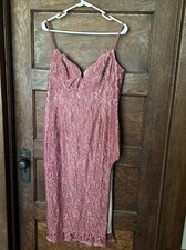 Azazie Kendall and Kylie Rose Lace Overlay Corset Back Midi Dress Sz L Side Slit