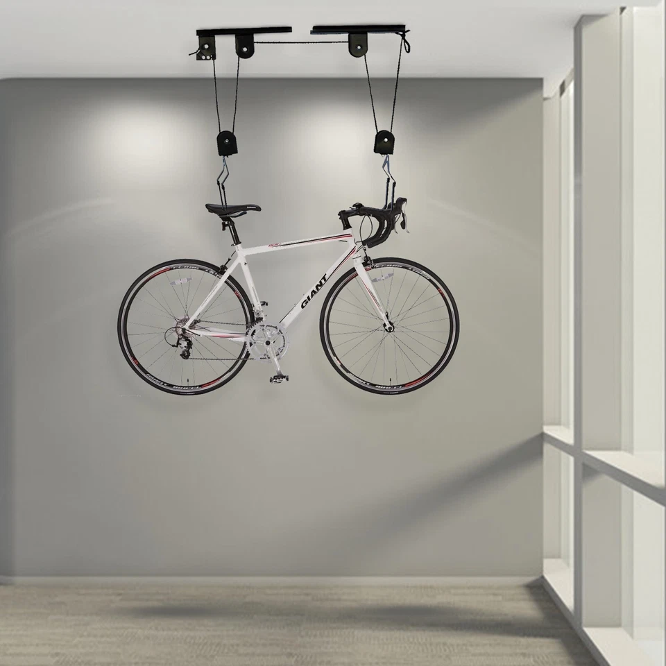 Bicycle Bike Lift Hoist Ceiling Storage Hanger Pulley Rack Garage w/ Hooks - Image 3 of 4
