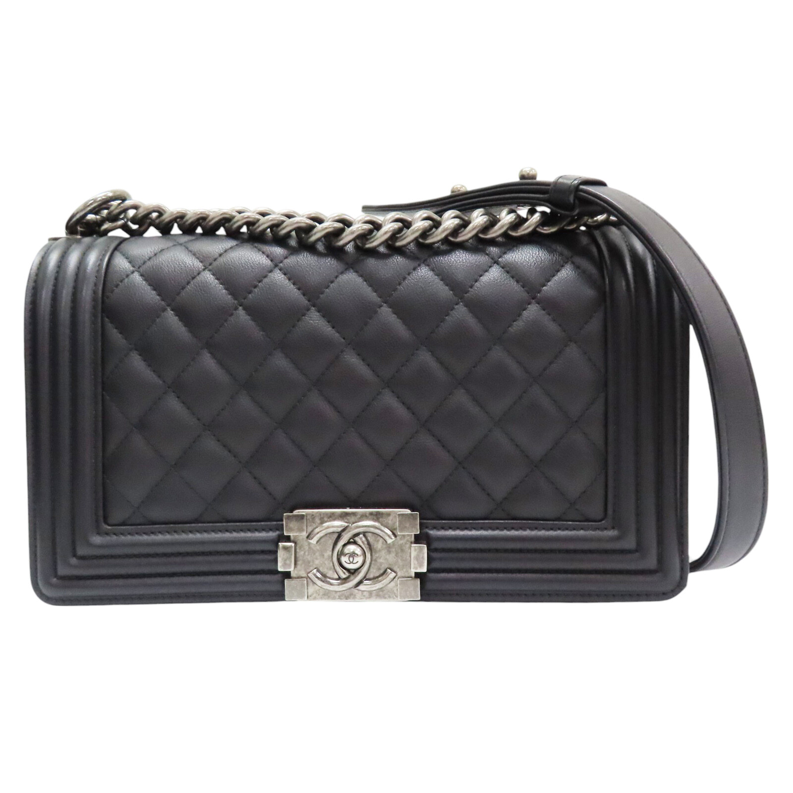 CHANEL Matelasse Boy Shoulder Bag in Black Calfskin with Silver Hardware-image