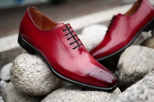 Handmade Mens Burgundy Brogue Oxfords 