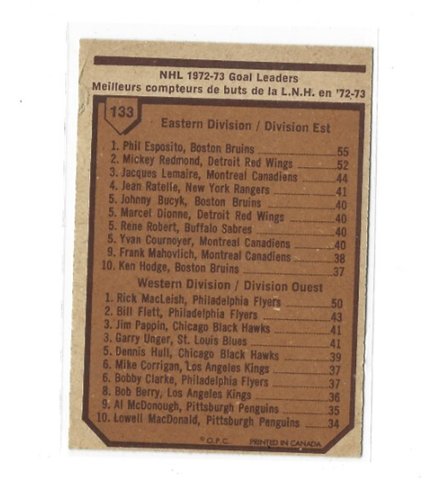 1973-74 O-Pee-Chee #133 Goals Leaders/Phil Esposito/Rick MacLeish VG - Picture 2 of 2