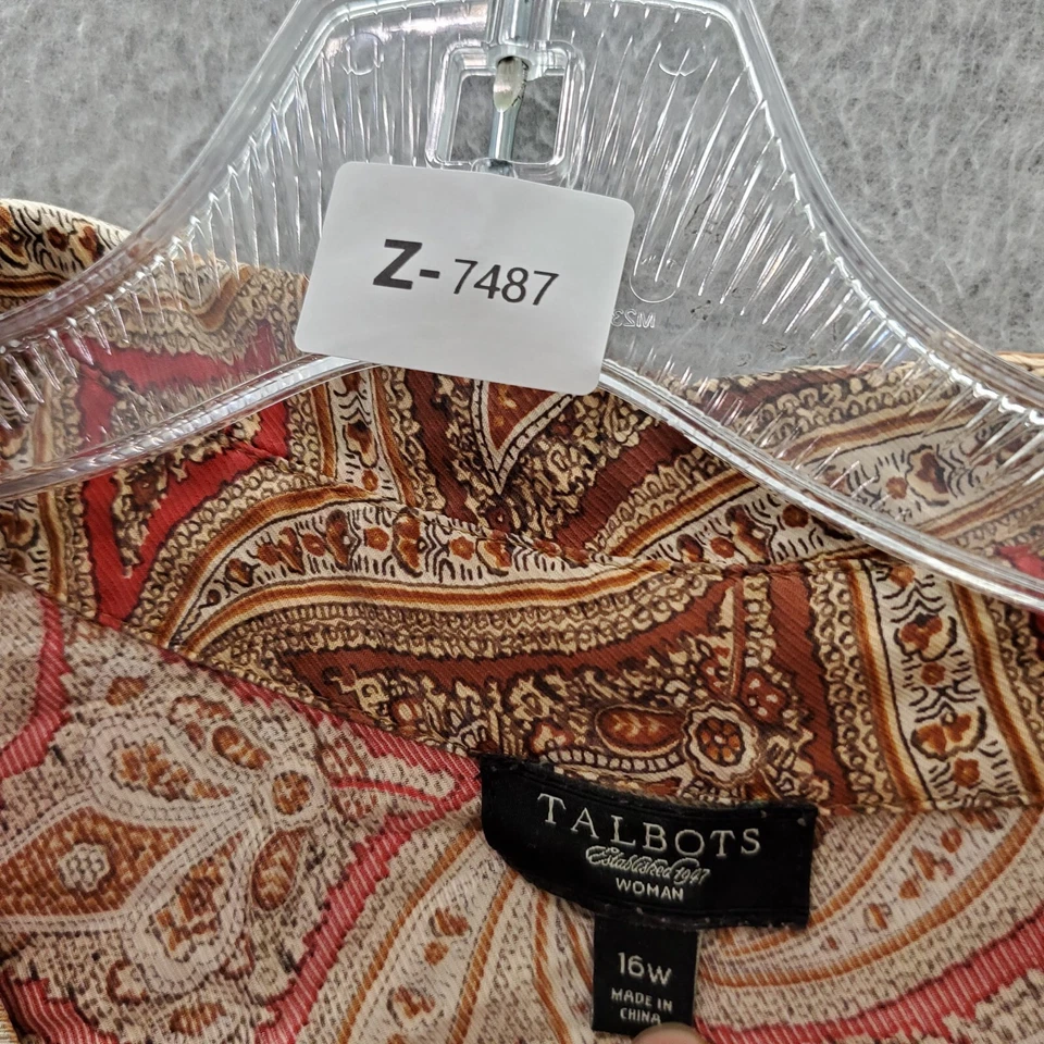 Top Talbots Mujer 16W Marrón Geométrico Abotonado 100% Seda Manga Larga Cuello Foto 2 de 4